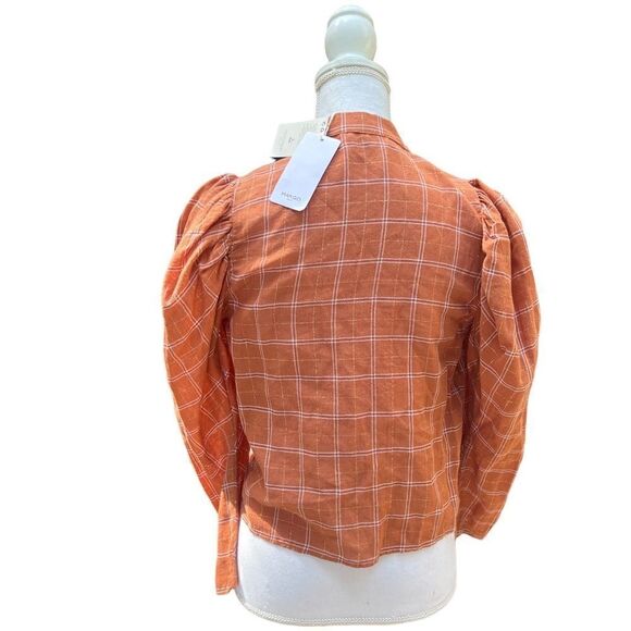 MANGO ORGANIC COTTON BLOUSE BROWN TAN CHECK PRINT GOLD METALLIC THREAD NWT SMALL - Picture 7 of 16
